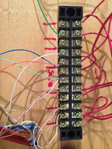 block terminal strip for sensors; all of these cables lead to 4 Arduino analog pins