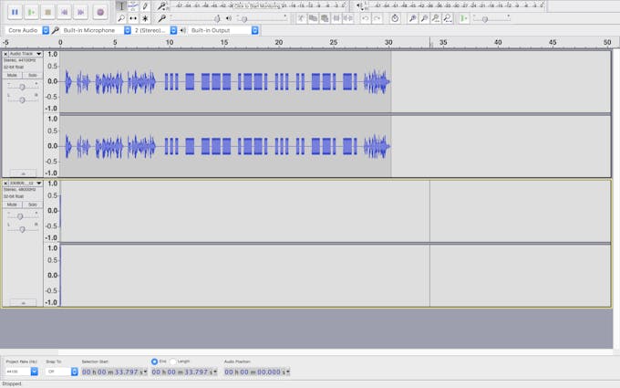 Audacity with clue audio (track 1) and keypad beep (track 2)