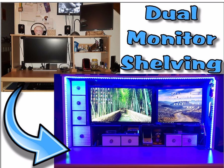 Dual-monitor Shelving Made Out of Spare Laminate Flooring