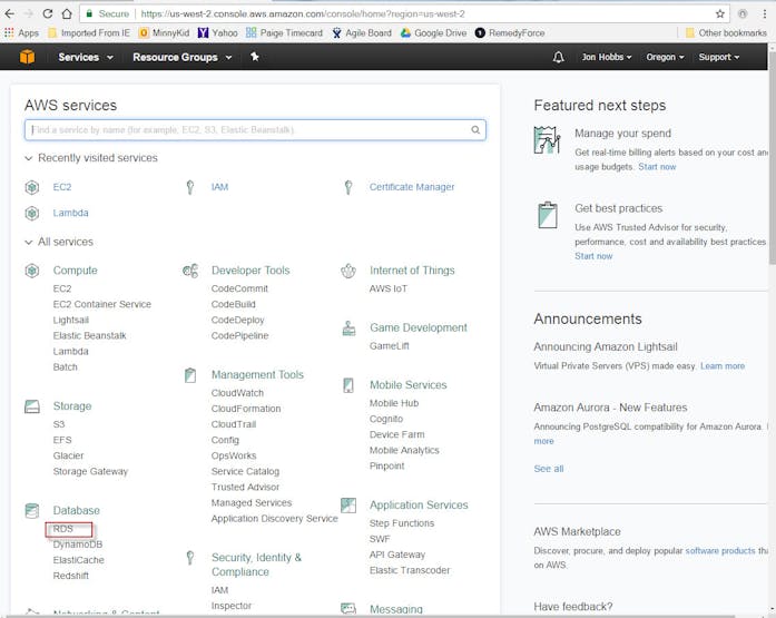 Login to your AWS account. Click on "Services" in the header, then click "RDS"under the Database category