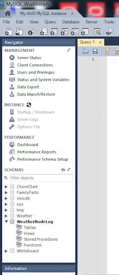 In the Navigator pane, under the SCHEMAS section, double-click on your WeatherNodeLog schema. This will make it the active schema (hence the boldface)