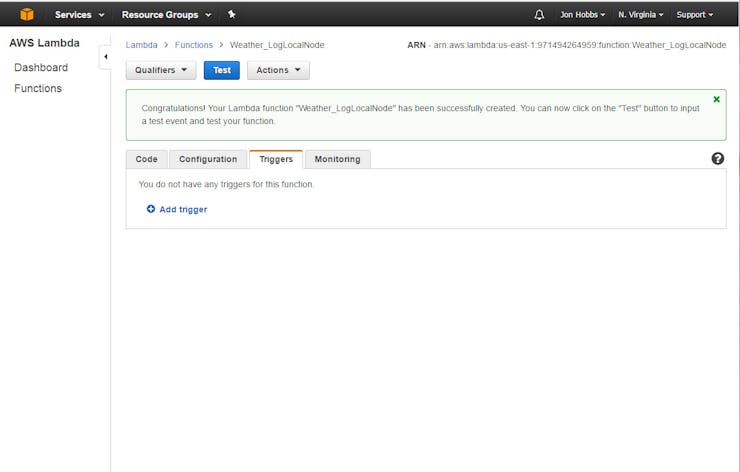 From the Lambda configuration screen, click on the Triggers tab. Then click the Add Trigger link.