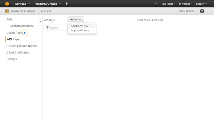 First step, create a set of API keys. In the left navigation panel, click on "API Keys". Click on the "Actions" button and select "Create API key".