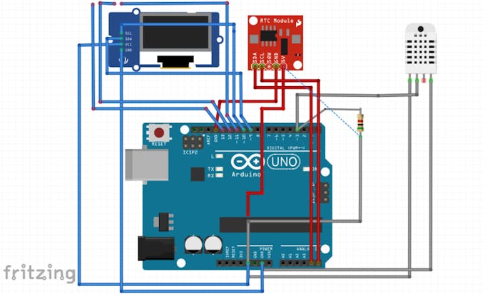 Schematic of project. Note that the pin outs from the OLED are mentioned properly in the code.