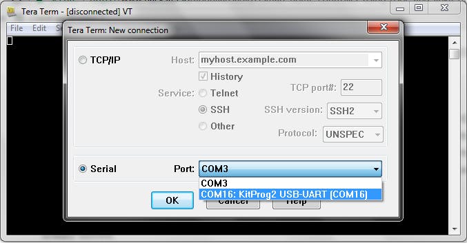 Select the "KitProg2 USB-UART" port