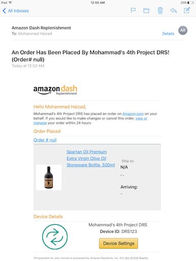 Email confirmation of olive oil purchased