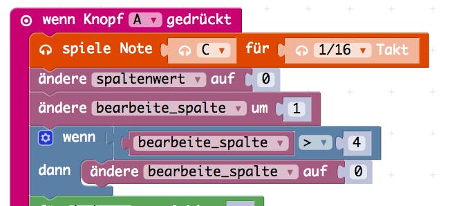 Nun können wir mit Knopf A den Wert für den Platzhalter "bearbeite_spalte" durchschalten.