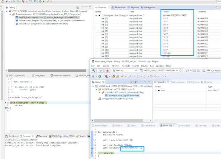 Debug Sessions of both IOT2020 and CC1310 active while they are talking to each other via UART