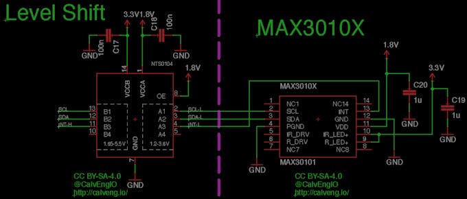 The MAX30101 is controlled over I2C. The logic level of the MAX30101 is 1.8V, while the logic level of the Arduino 101 is 3.3V. We need a level shifter to translate the voltages to and from 1.8V and 3.3V to ensure the MAX30101 does not get damaged by the 3.3V from the Arduino 101.