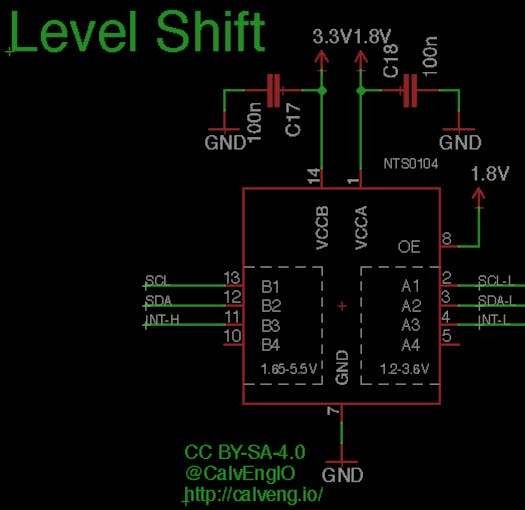 The NTS0104 level shifter translates 1.8V to 3.3V and vice versa. SCL, SDA, and INT-H are 3.3V logic level. SCL-L, SDA-L, and INT-L are 1.8V logic level.