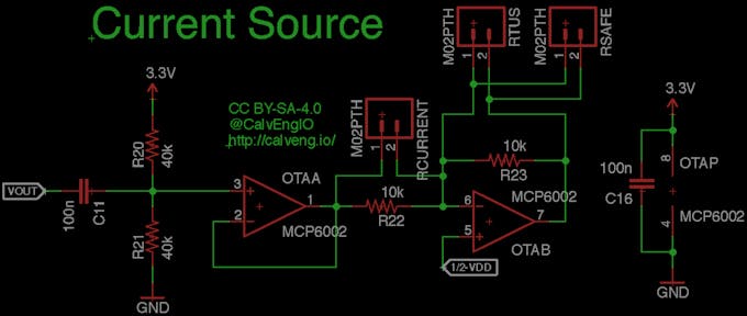 Figure x. The AD5934 outputs a constant voltage. However, for bioimpedance measurements, it is a better to use a constant current instead. We use a simple "voltage-to-current" converter also known as a transconductance amplifier to convert the voltage output of the AD59334 to a constant current.