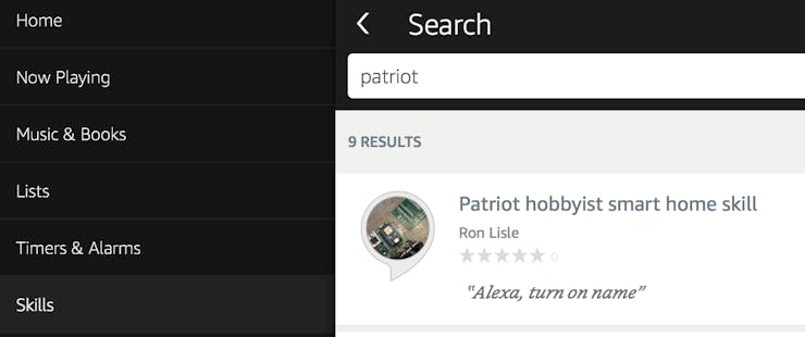 Searching for the Patriot hobbyist smart home skill