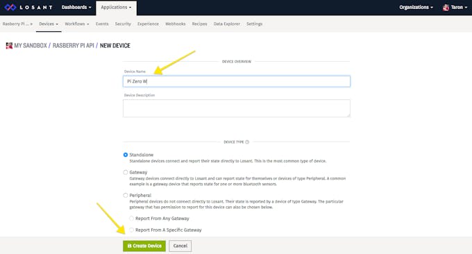 Create a device in Losant