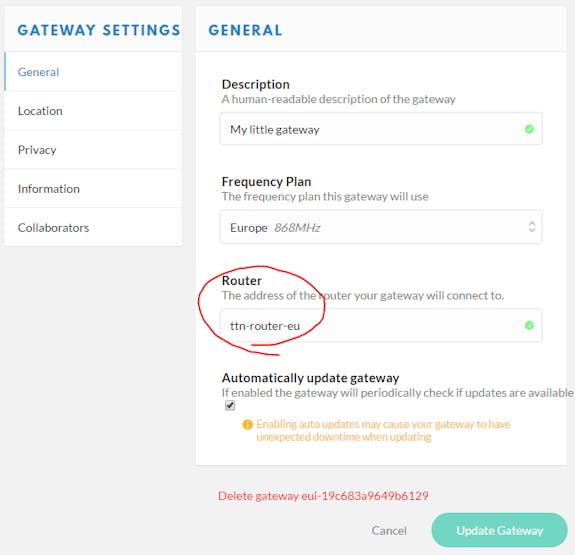 Setting the Router address in the gateway settings
