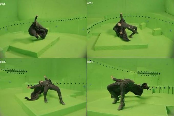 The Matrix bullet time effect camera setup and green screen