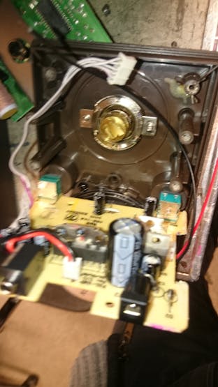The inside of the radio with the tuner PCB removed