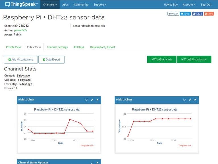 Raspberry Pi Sending DHT22 Sensor Data to Thingspeak