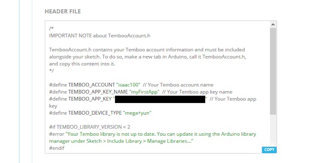 Copy the Header File code in Temboo