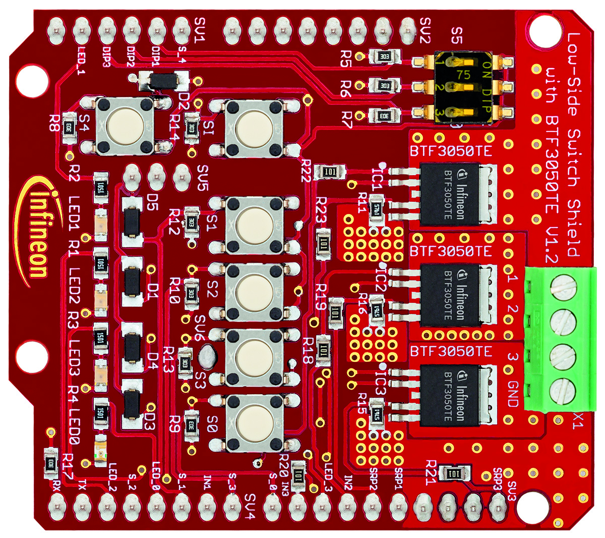 Low-Side Switch Shield with BTF3050TE for Arduino