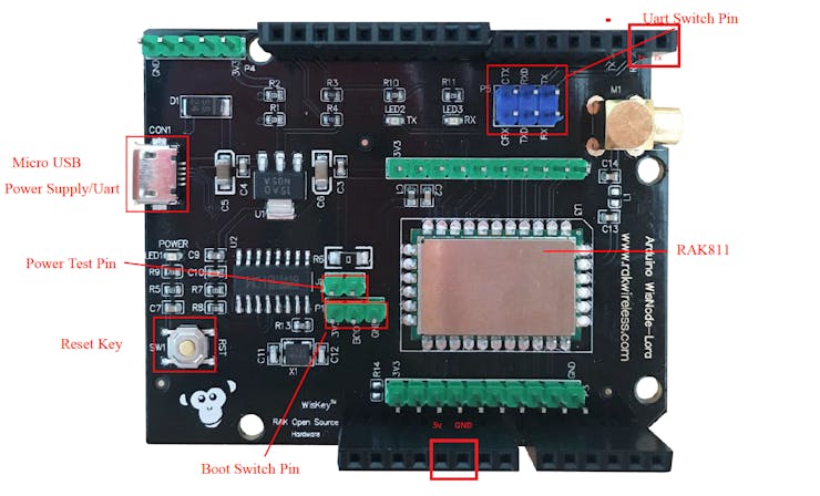 RAk 811 board showing the pins for UART and Power