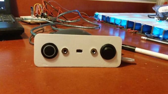 The final look of the interface (Menu/validation button, arduino USB, Audio IO, power switch)