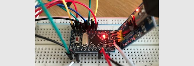 FTDI breakout board connected to the Arduino on the breadboard
