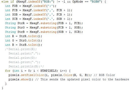 When received RGB values, break it down into R, G and B and use it to turn on the RGB LEDs with received color combination