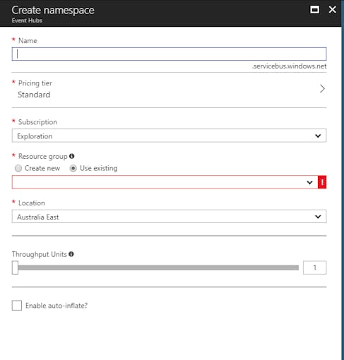 Add 'EventHub' screen in Azure Portal