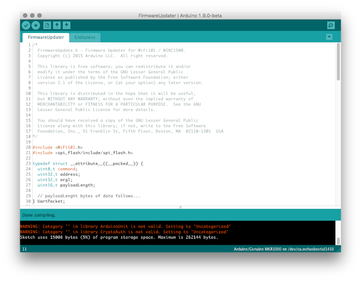 Open and upload FirmwareUpdater example