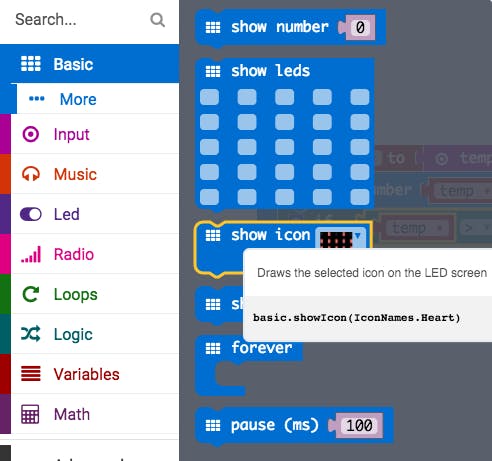 Select ‘show icon’ from the basic blocks.