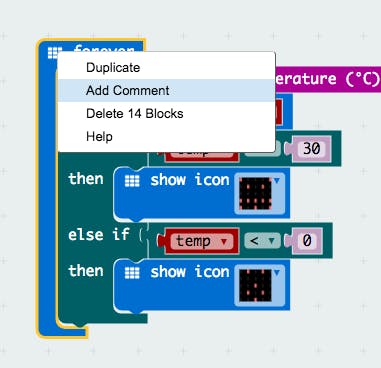 Right click the icon that appears before the words on a block. A menu will pop up. Select ‘Add Comment.’