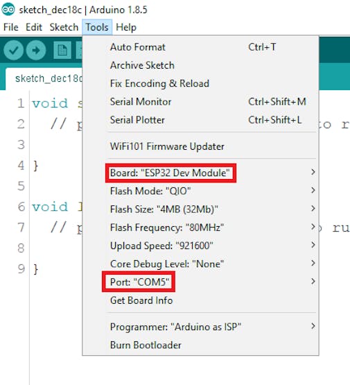 Select the ESP32 board and COM port