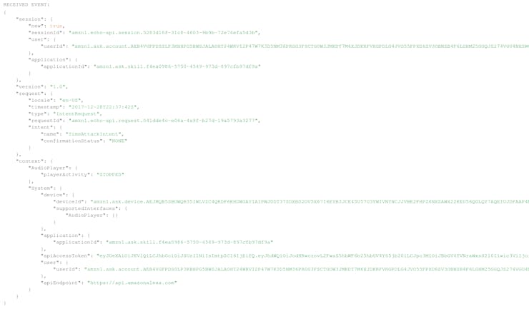 JSON Event, "Alexa, ask Drone Race Practice Companion to start a Time Attack"