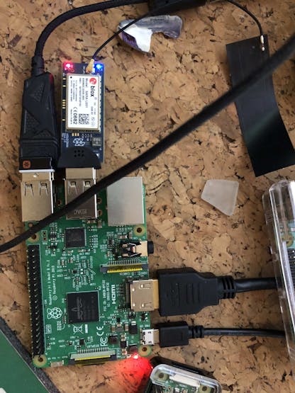 The red and blue device is the hologram, above that is the usb microphone