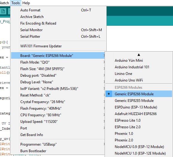 ESP8266 Board Selection and Settings