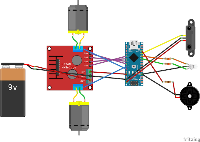 This is a circuit diagram for Wall-E. It has an Arduino Nano, a motor shield, two DC motors, a 9V battery, a bi-colour LED, an infra-red sensor, and a piezo buzzer.