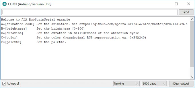 ALA commands in the Arduino Serial Monitor