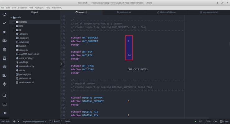 Set DHT_SUPPORT to 1 & DHT_PIN to 14