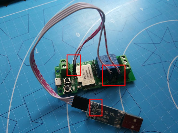 Connected USB-to-Serial device wires to ITEAD 1-CH WiFi Switch soldered pins