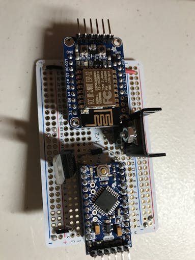 Huzzah and Arduino Pro Mini (note - I switched the Huzzah Breakout with a Adafruit Huzzah Feather later in the build)