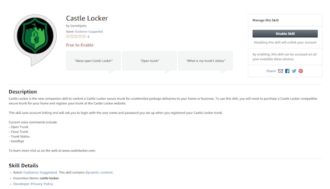 Castle Locker custom skill available in the Amazon Skills Store