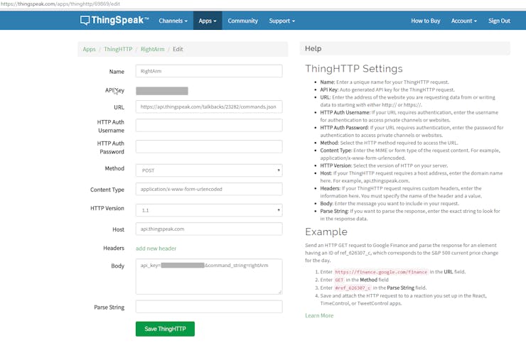 ThingSpeak ThingHTTP detail.