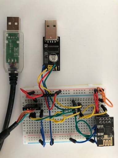 'Permanent' setup for bootloading ESP8266 - both serial to USB converters shown can be used