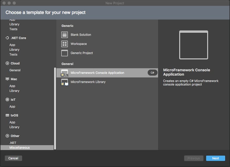 Select MicroFramework Console Application template
