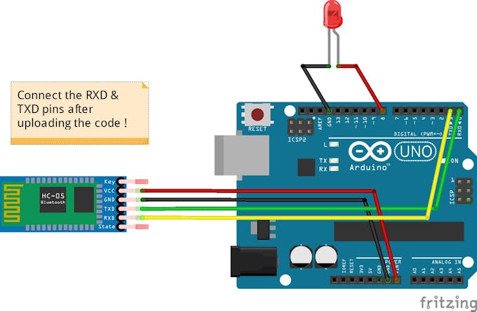 Connections of bluetooth module HC05 with Arduino