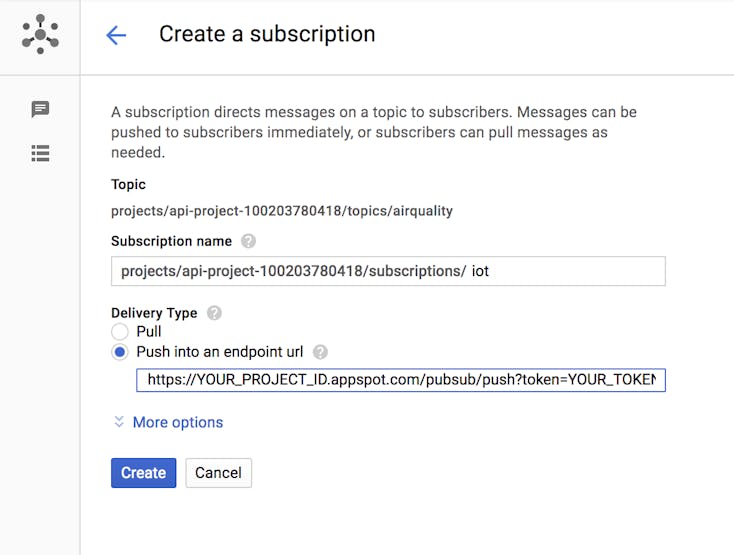 Creating subscription under pub/sub