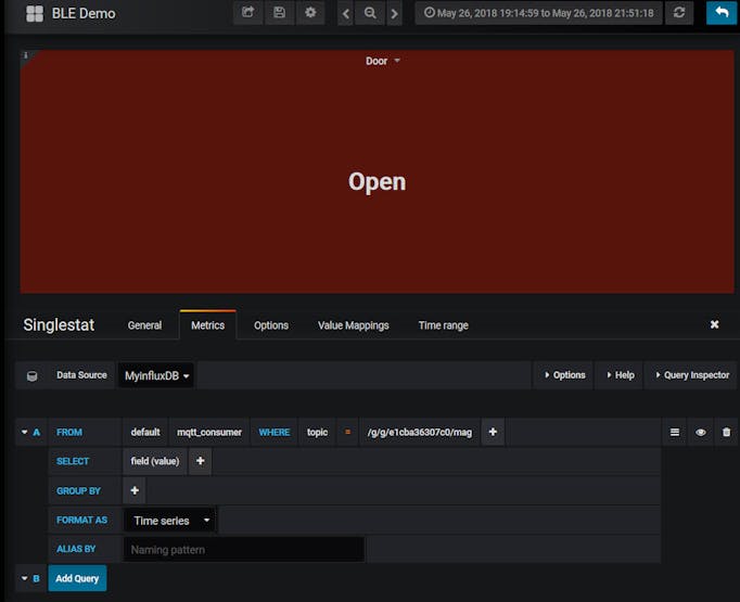 Grafana single panel configuration - notice the MQTT topic configuration