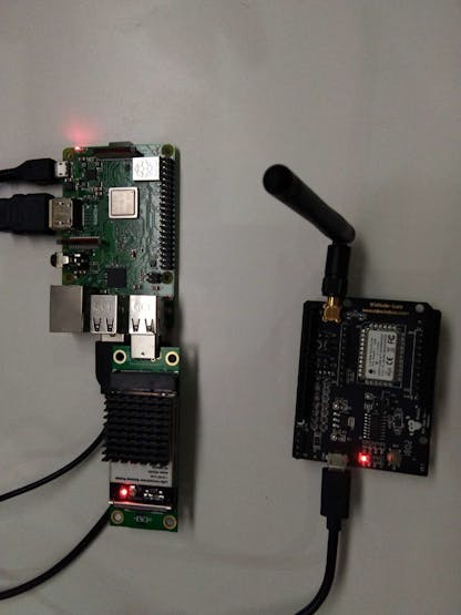 Raspberry Pi 3 module B+, RAK833 LoRa gateway module and RAK811LoRa Node