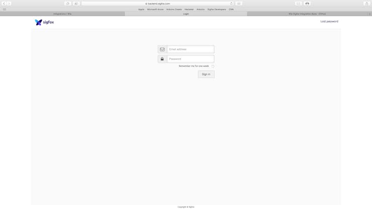 The first step is to visit backend.sigfox.com and sign into your SigFox account