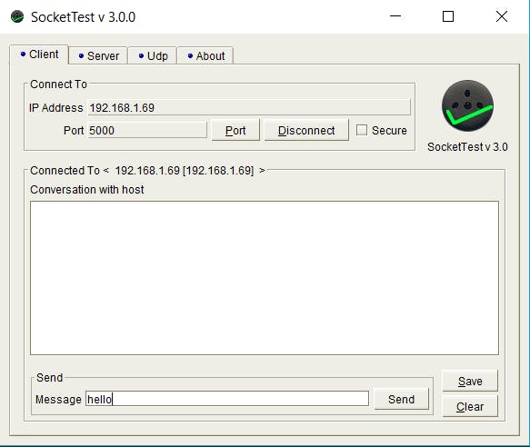 The SocketTest application once you have connected to the Monitor.